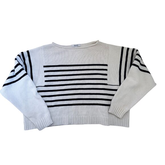 Madewell Rolled Neck Pullover Sweater Striped Cream Navy Cotton Medium Women - Picture 3 of 5